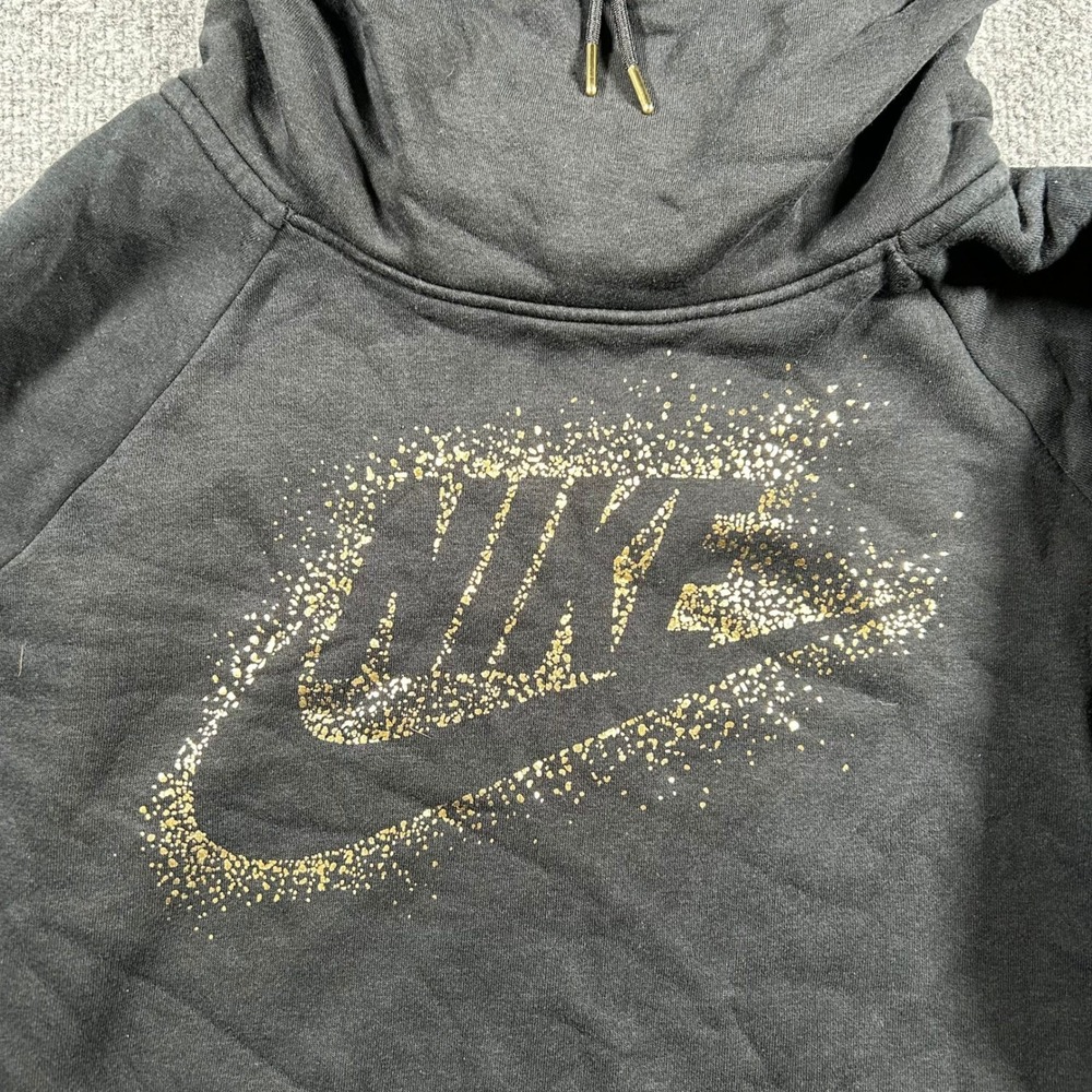 Nike Hoodie Womens Size XL Black Viscose Gold Glitter Graphic Funnel Neck Top
